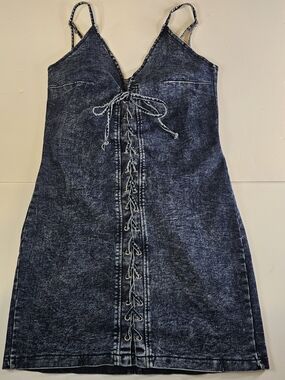 Windsor Dark Wash Denim Lace-Up Asymmetrical Dress Cotton Blend Stretchy Size S